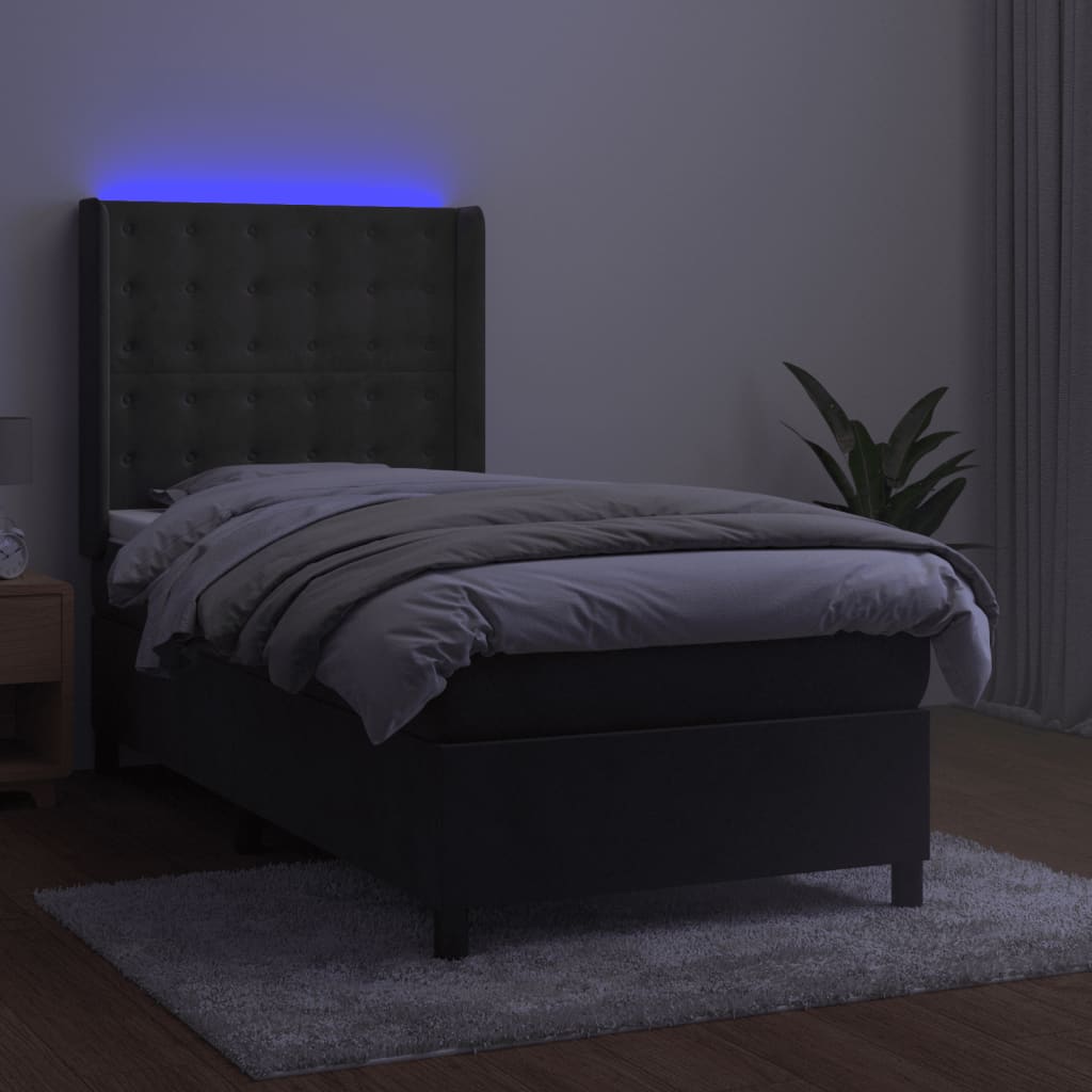 Krevet box spring s madracem LED tamnosivi 90x200 cm baršun