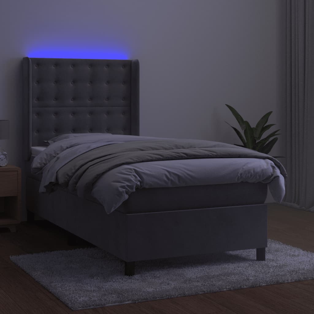 Krevet box spring s madracem LED svjetlosivi 100x200 cm baršun