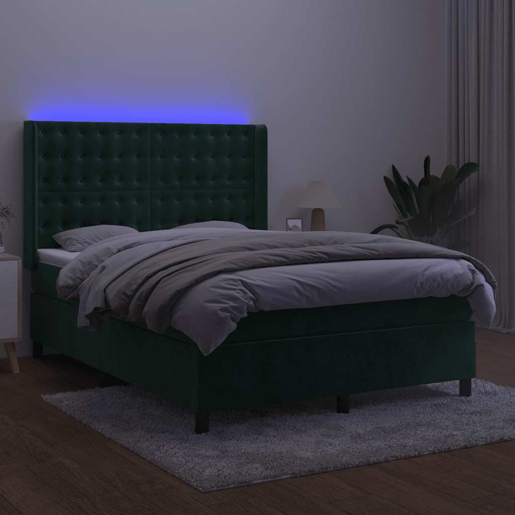 Krevet box spring s madracem LED tamnozeleni 140x190 cm baršun