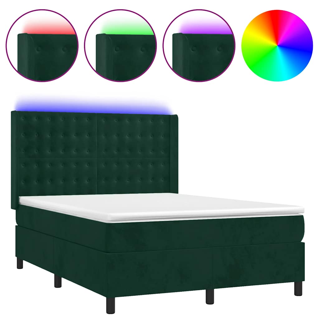 Krevet box spring s madracem LED tamnozeleni 140x200 cm baršun