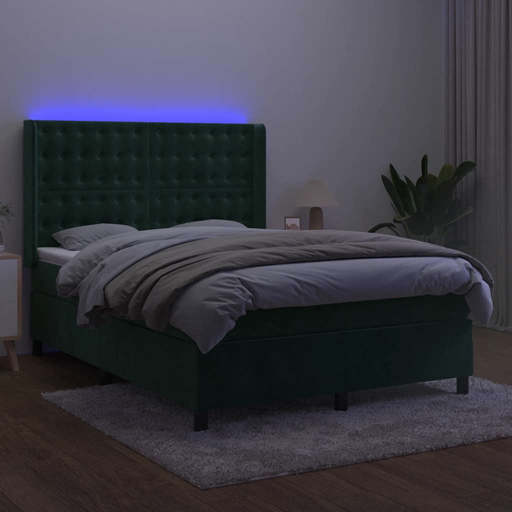 Krevet box spring s madracem LED tamnozeleni 140x200 cm baršun