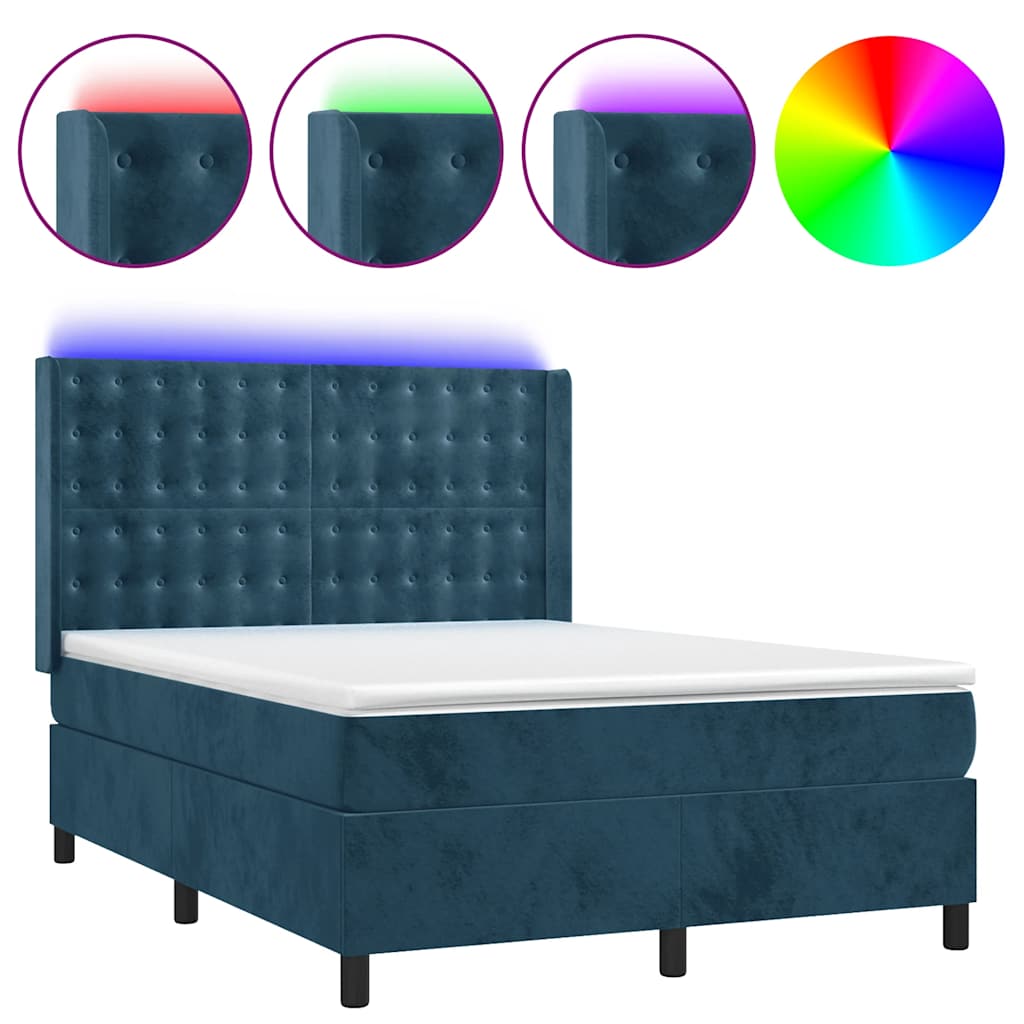 Krevet box spring s madracem LED tamnoplavi 140x200 cm baršun