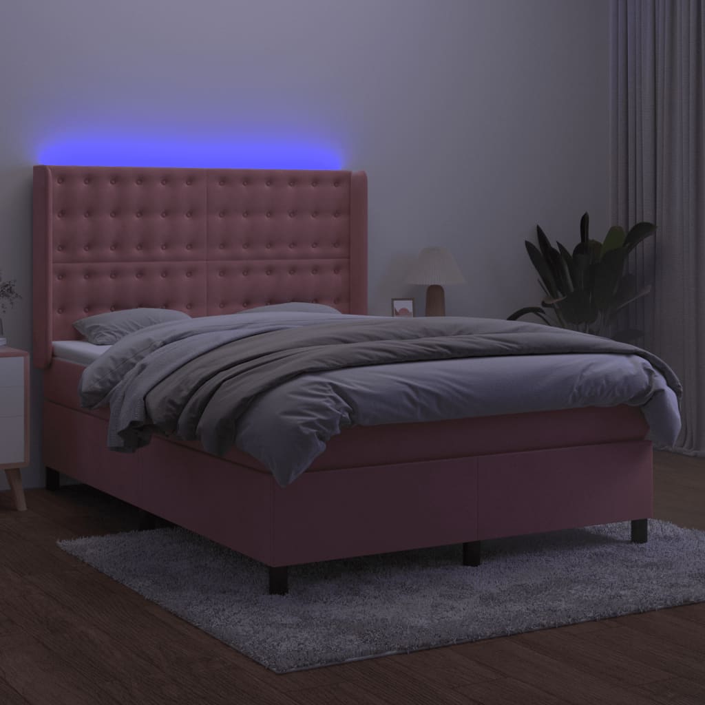 Krevet box spring s madracem LED ružičasti 140x200cm baršunasti