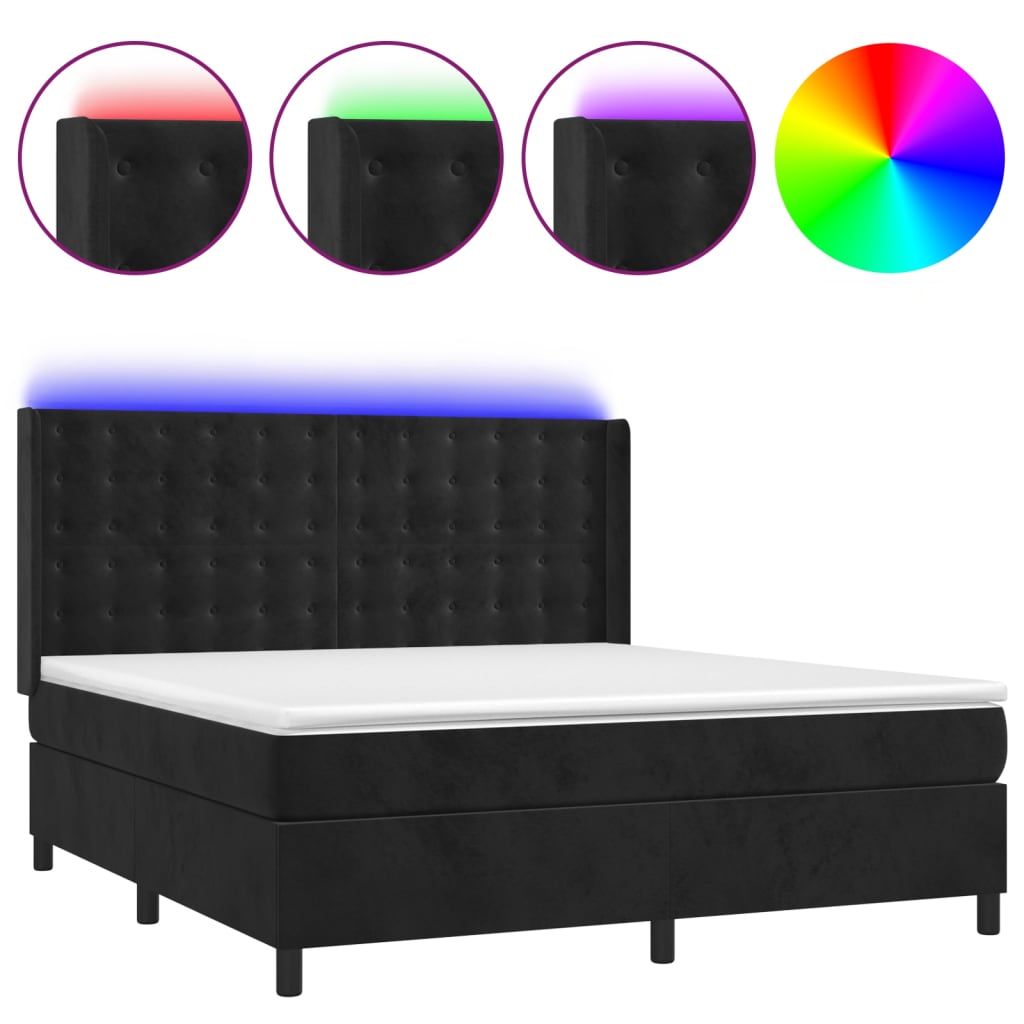 Krevet box spring s madracem LED crni 180x200 cm baršun