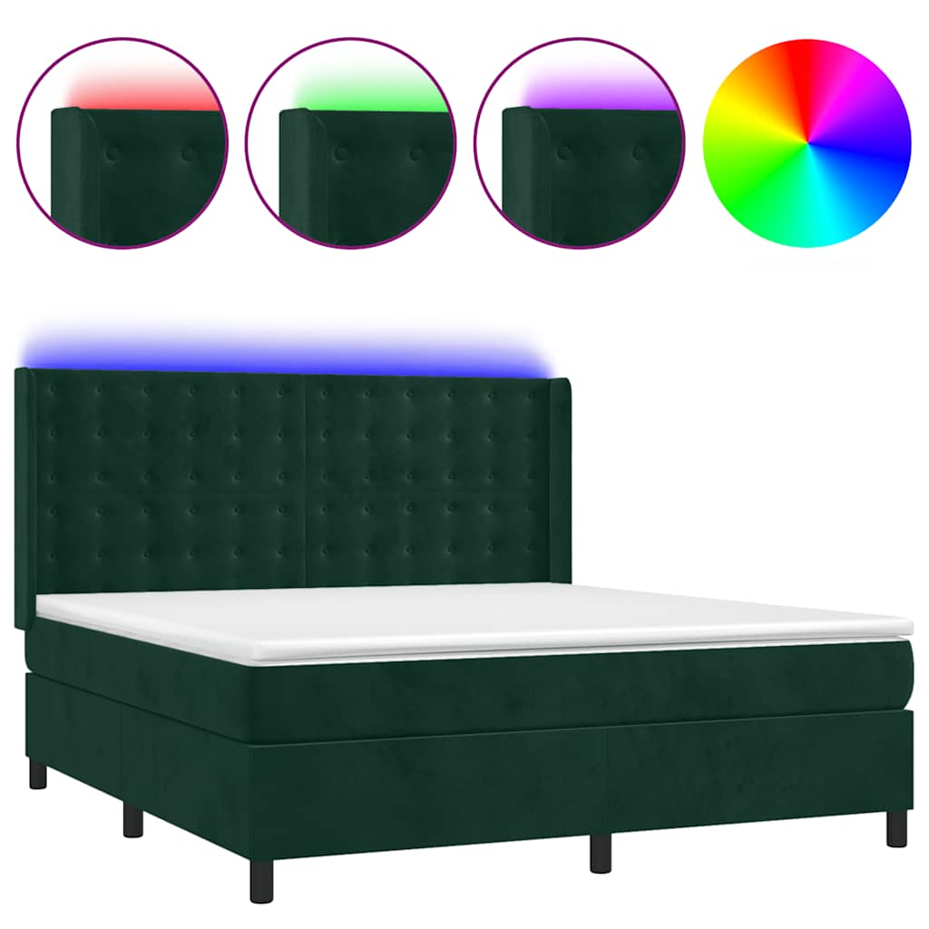 Krevet box spring s madracem LED tamnozeleni 180x200 cm baršun