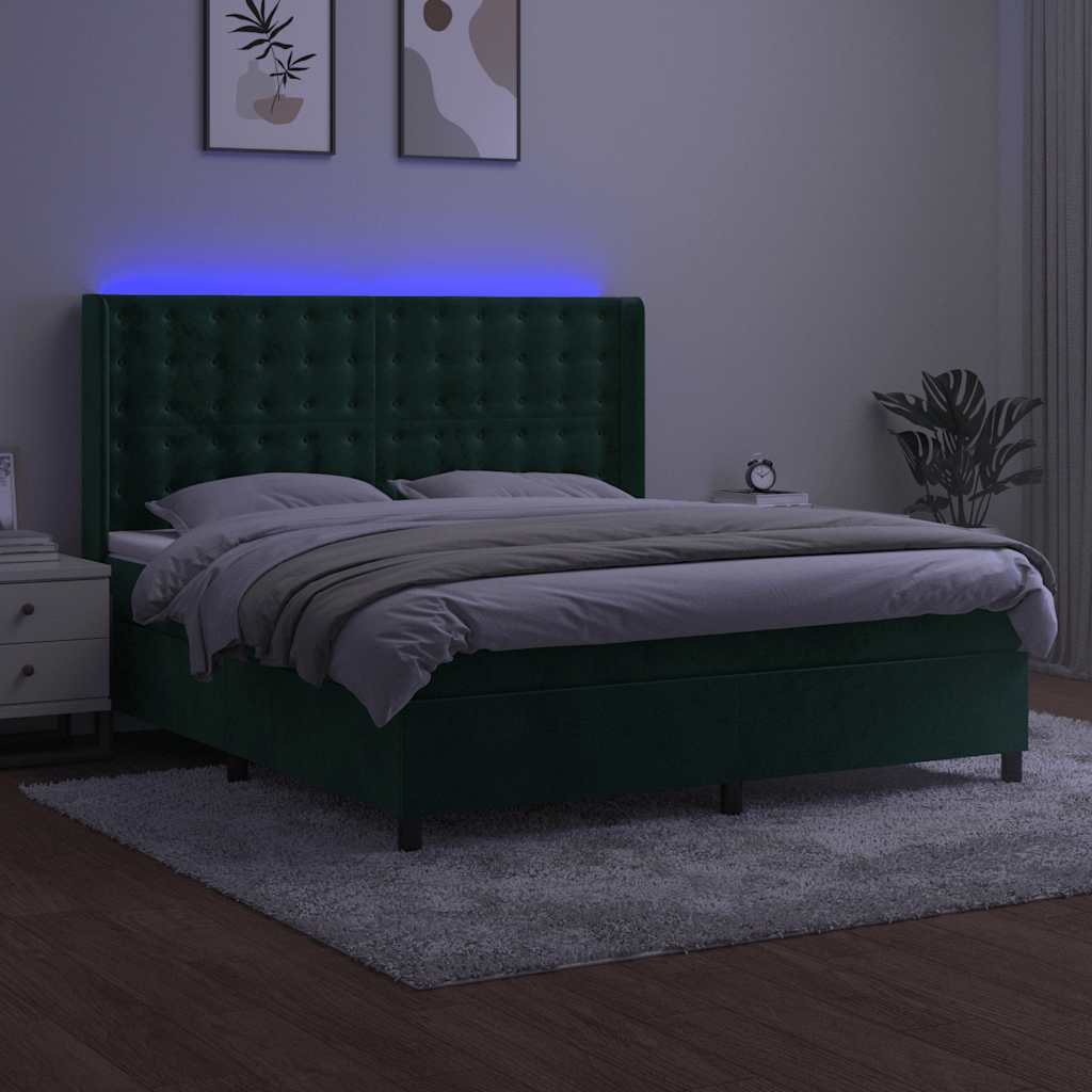 Krevet box spring s madracem LED tamnozeleni 180x200 cm baršun