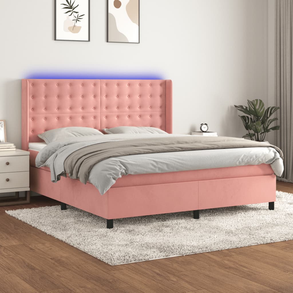 Krevet box spring s madracem LED ružičasti 180x200cm baršunasti