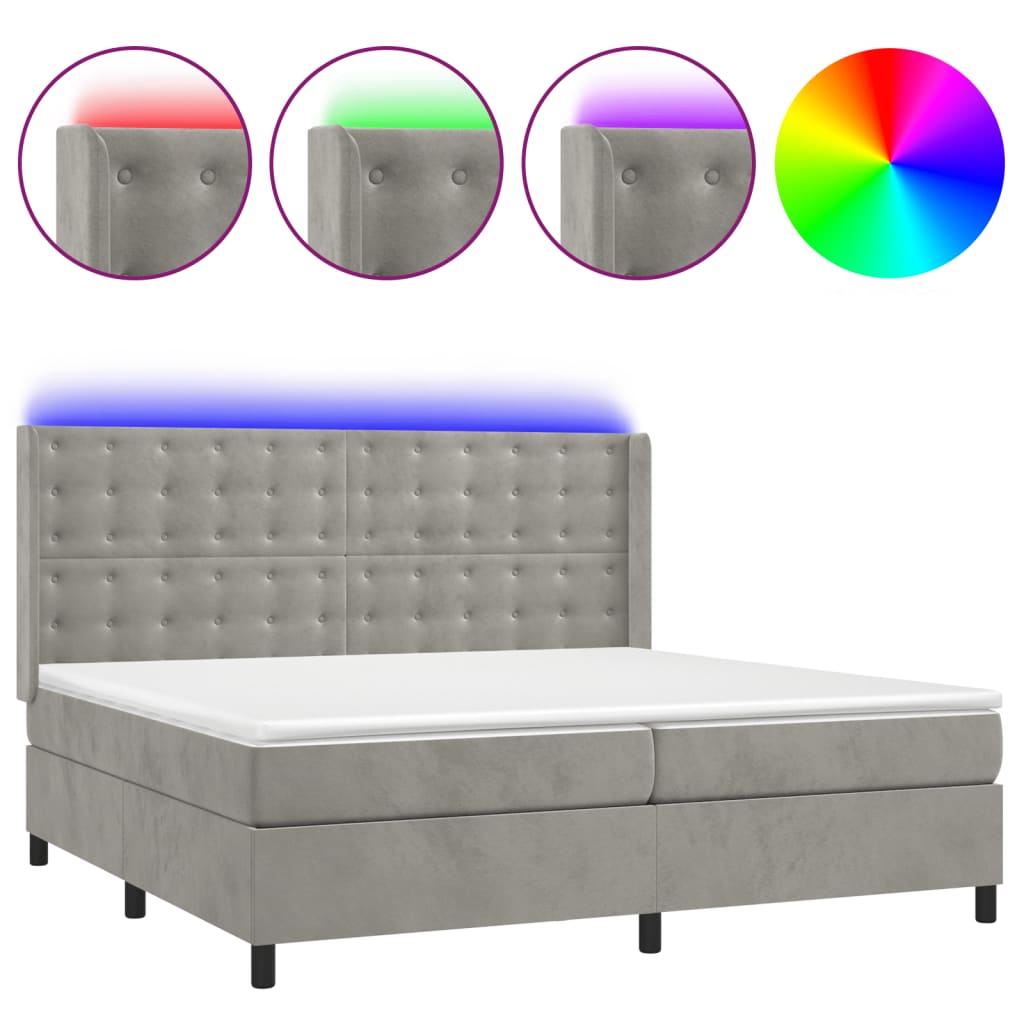 Krevet box spring s madracem LED svjetlosivi 200x200 cm baršun