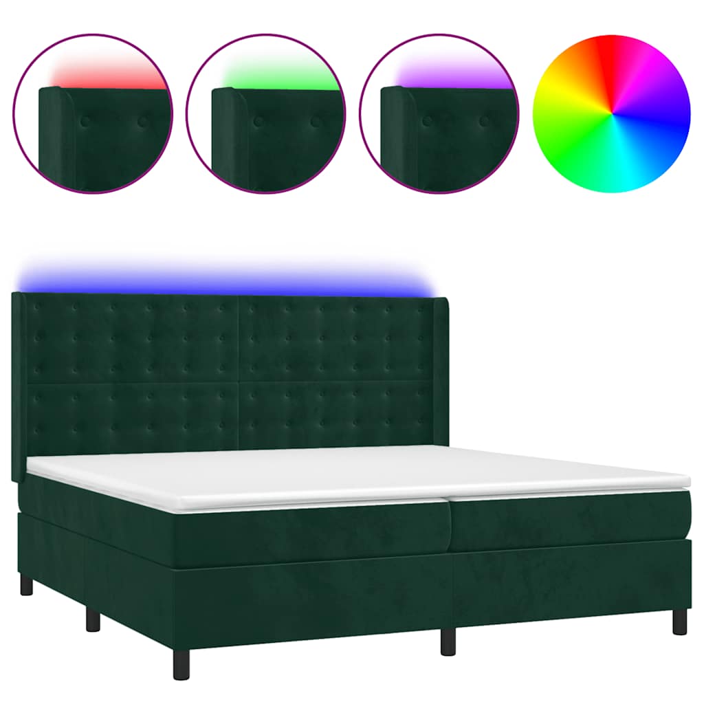 Krevet box spring s madracem LED tamnozeleni 200x200 cm baršun