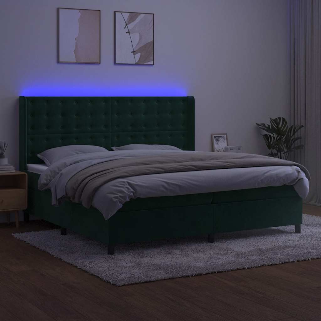 Krevet box spring s madracem LED tamnozeleni 200x200 cm baršun