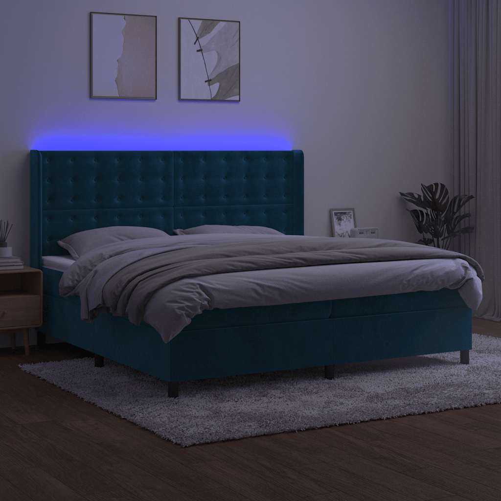 Krevet box spring s madracem LED tamnoplavi 200x200 cm baršun