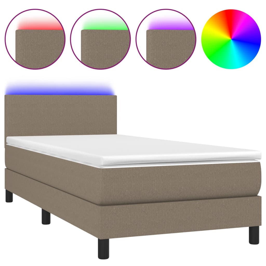Krevet box spring s madracem LED smeđesivi 90x200 cm tkanina