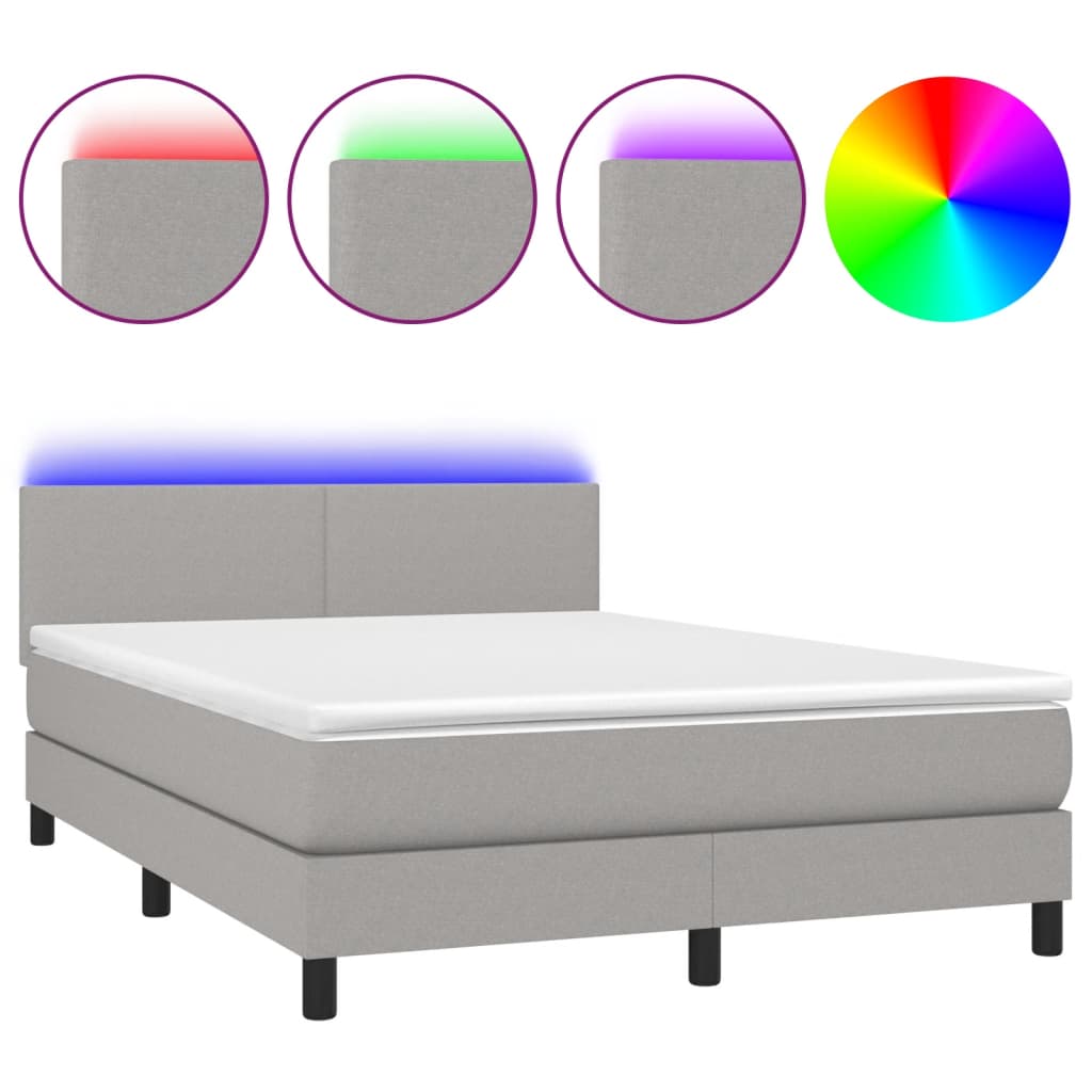 Krevet box spring s madracem LED svjetlosivi 140x190 cm tkanina