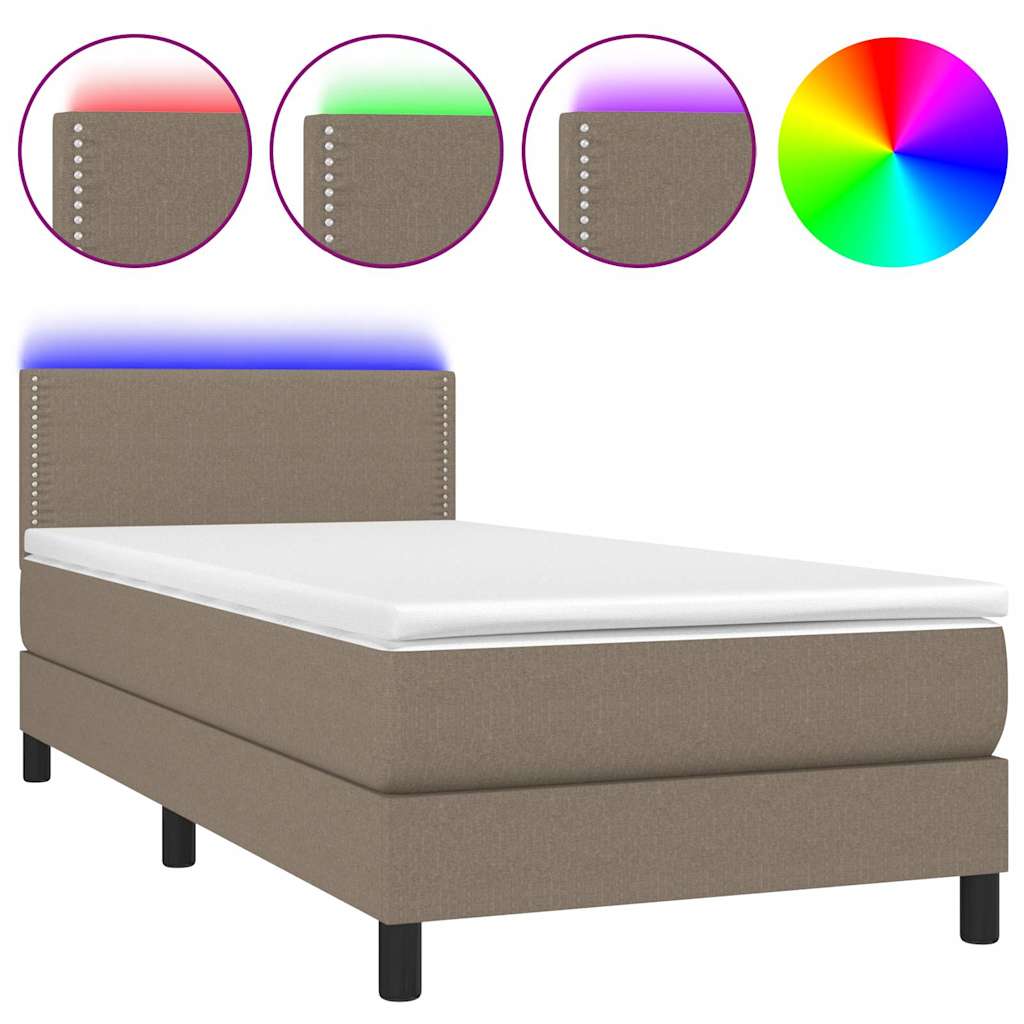 Krevet box spring s madracem LED smeđesivi 90x200 cm tkanina