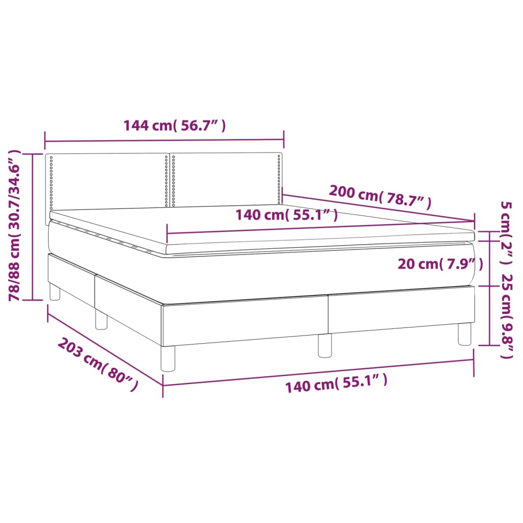 Krevet box spring s madracem LED svjetlosivi 140x200 cm tkanina