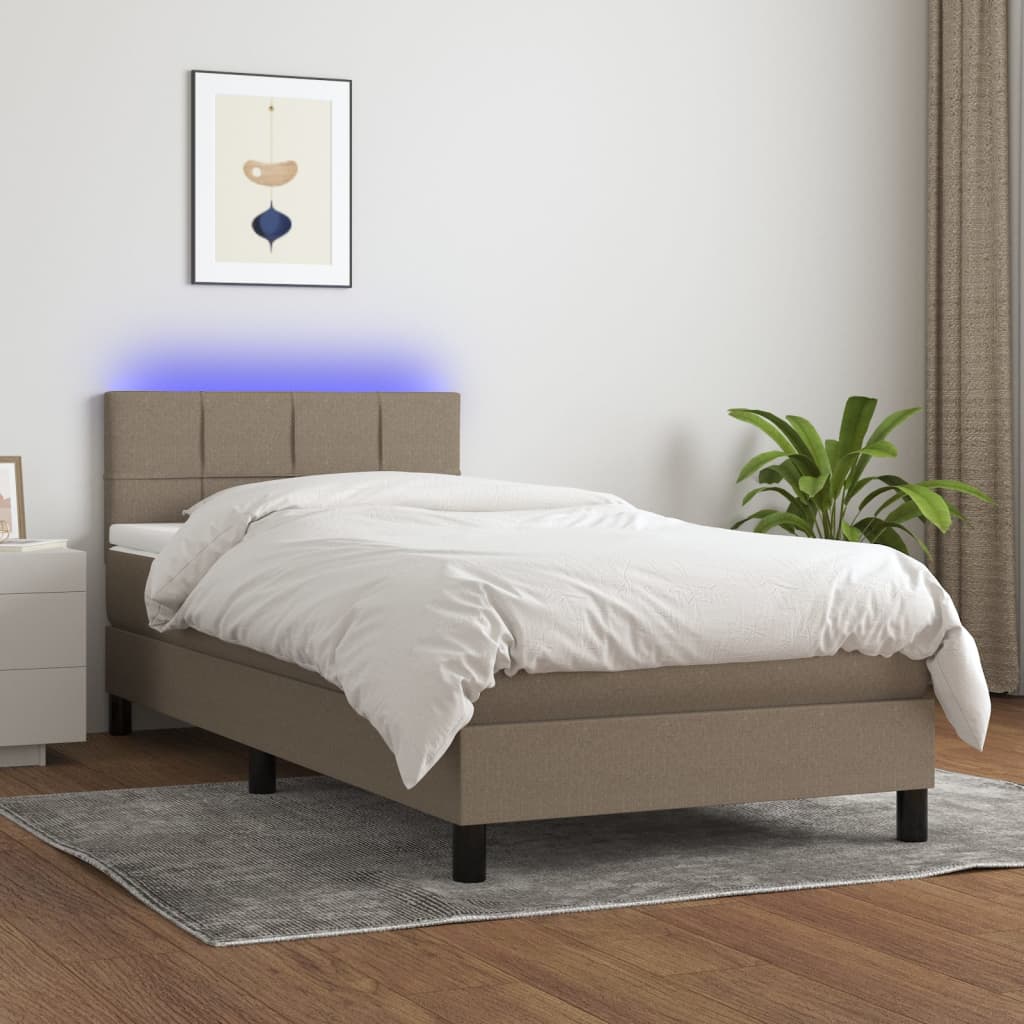 Krevet box spring s madracem LED smeđesivi 90x190 cm tkanina
