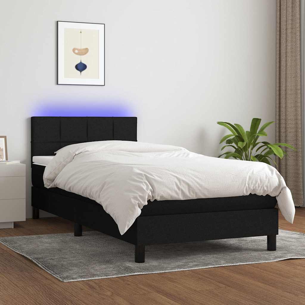 Krevet box spring s madracem LED crni 90x200 cm od tkanine