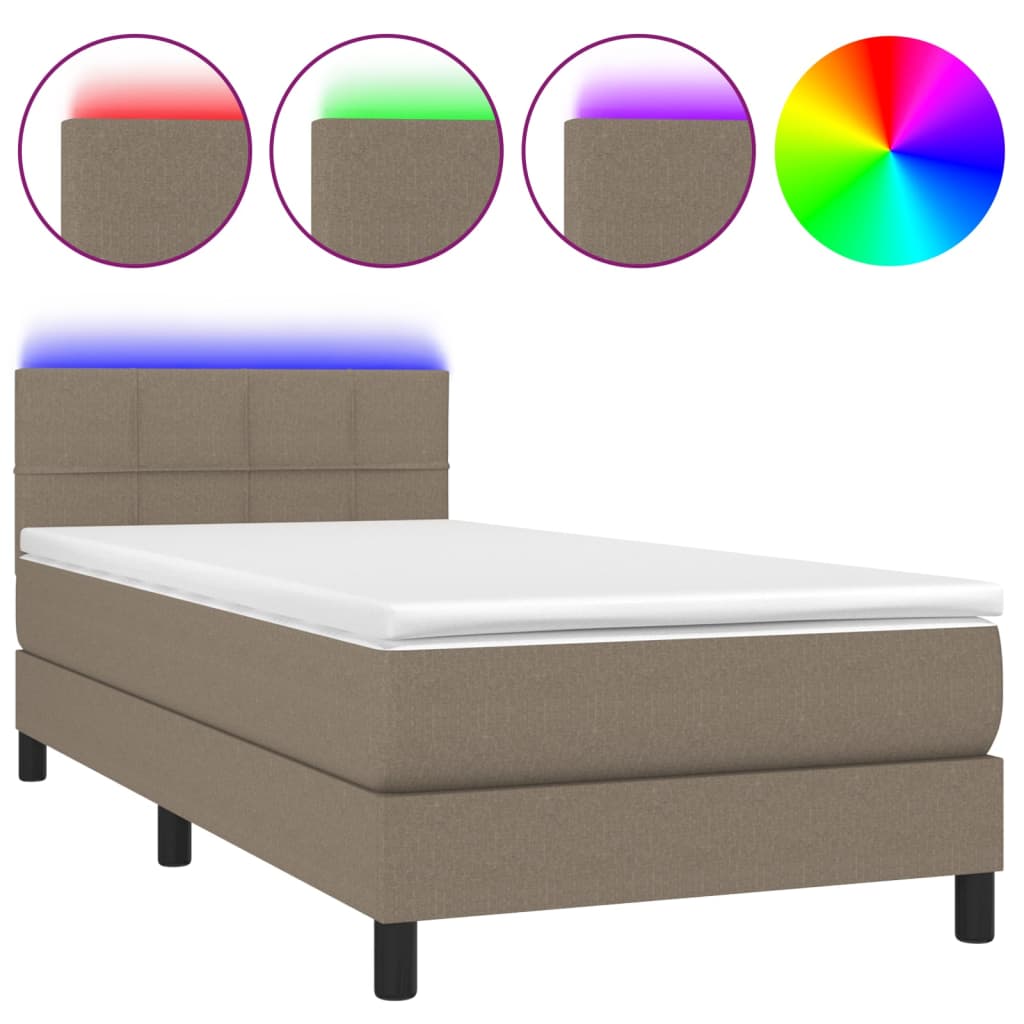 Krevet box spring s madracem LED smeđesivi 90x200 cm tkanina