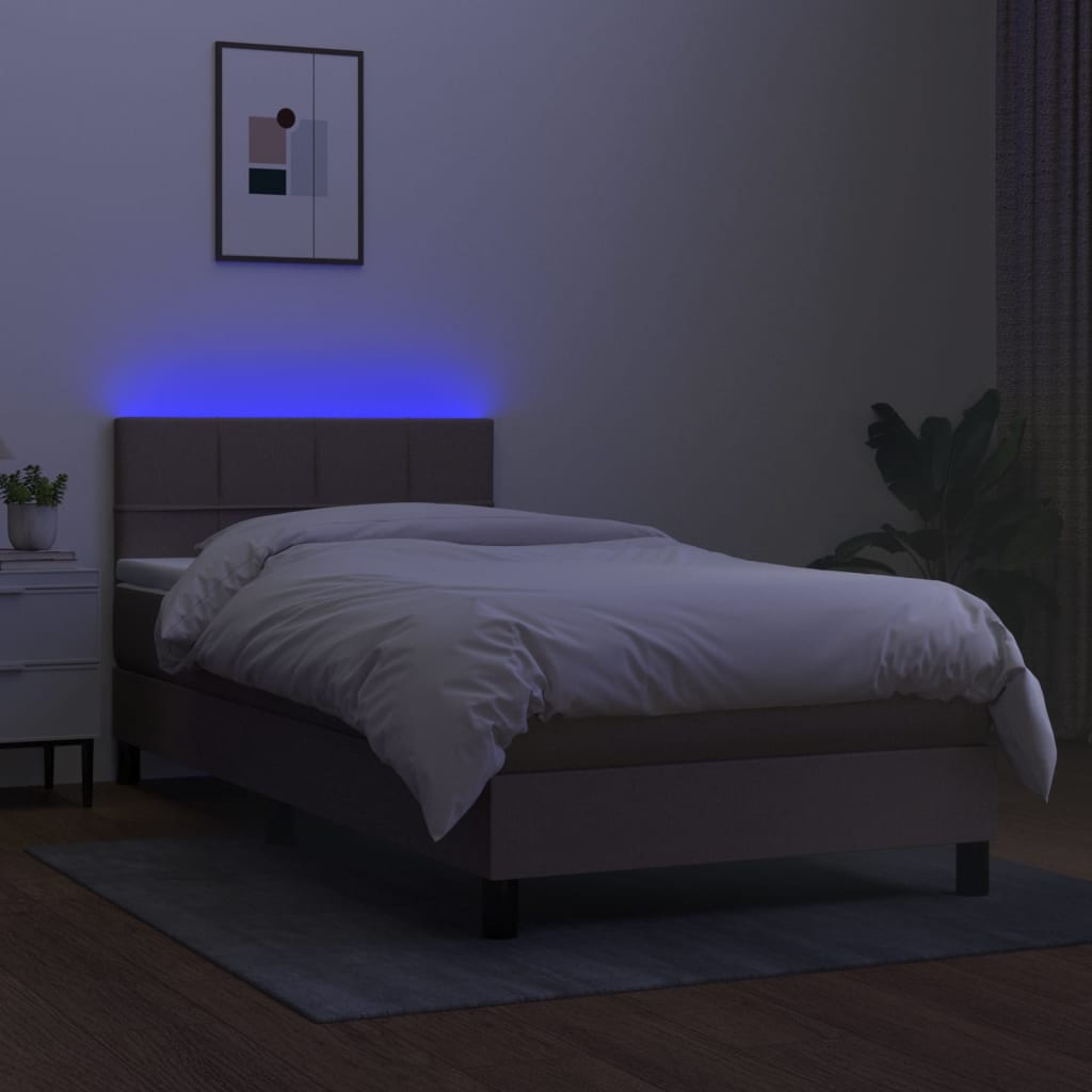 Krevet box spring s madracem LED smeđesivi 90x200 cm tkanina
