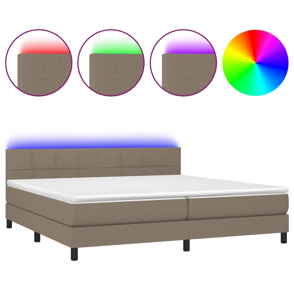 Krevet box spring s madracem LED smeđesivi 200x200 cm tkanina