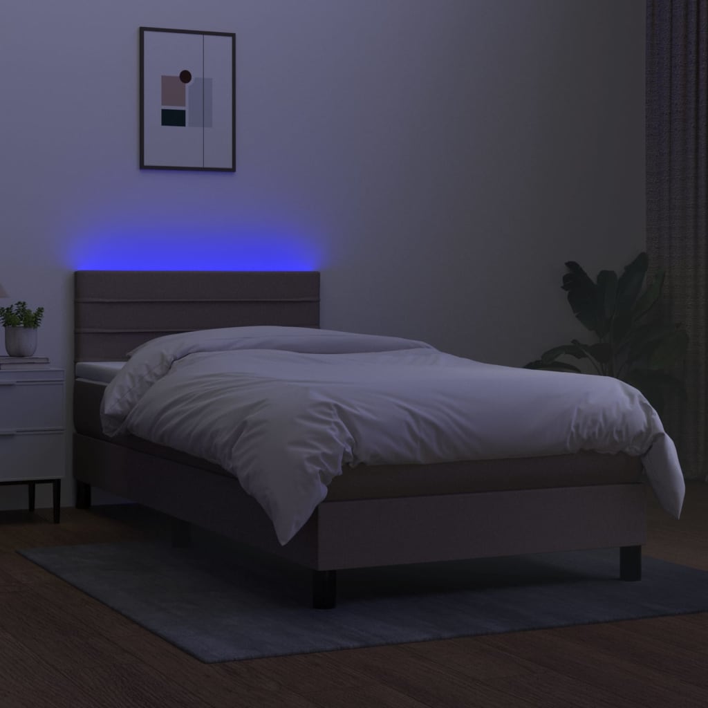 Krevet box spring s madracem LED smeđesivi 90x200 cm tkanina