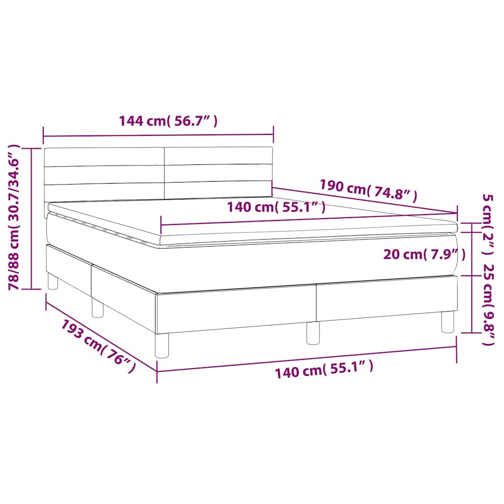 Krevet box spring s madracem LED svjetlosivi 140x190 cm tkanina