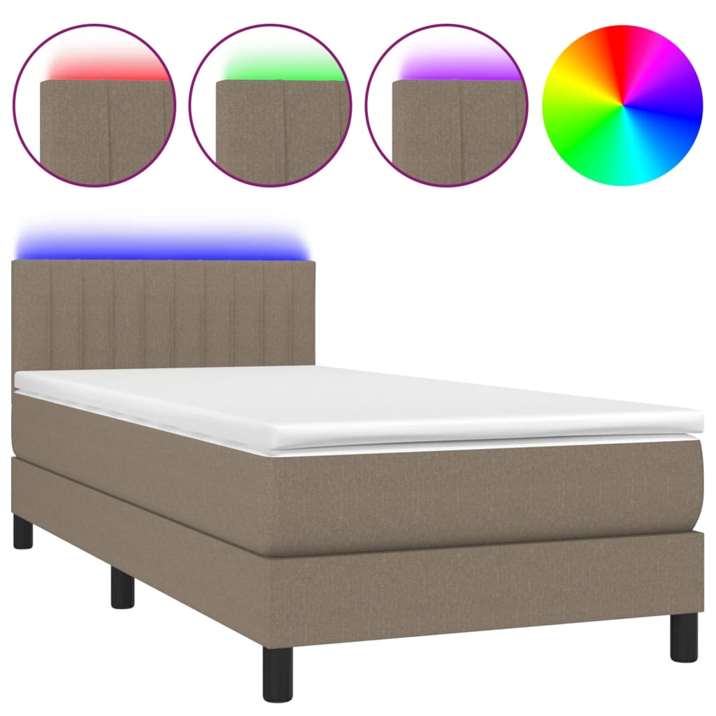 Krevet box spring s madracem LED smeđesivi 90x190 cm tkanina
