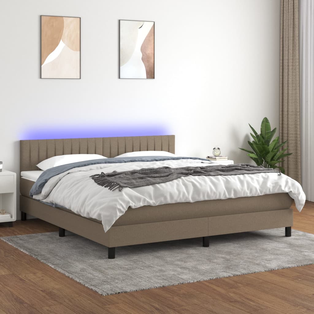 Krevet box spring s madracem LED smeđesivi 160x200 cm tkanina