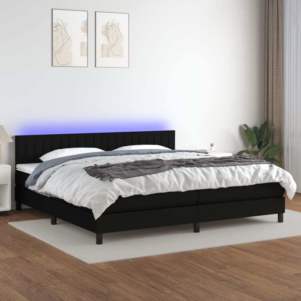 Krevet box spring s madracem LED crni 200x200 cm od tkanine
