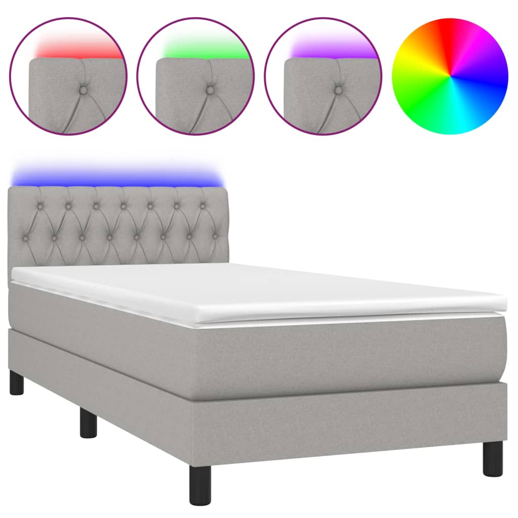 Krevet box spring s madracem LED svjetlosivi 90x190 cm tkanina
