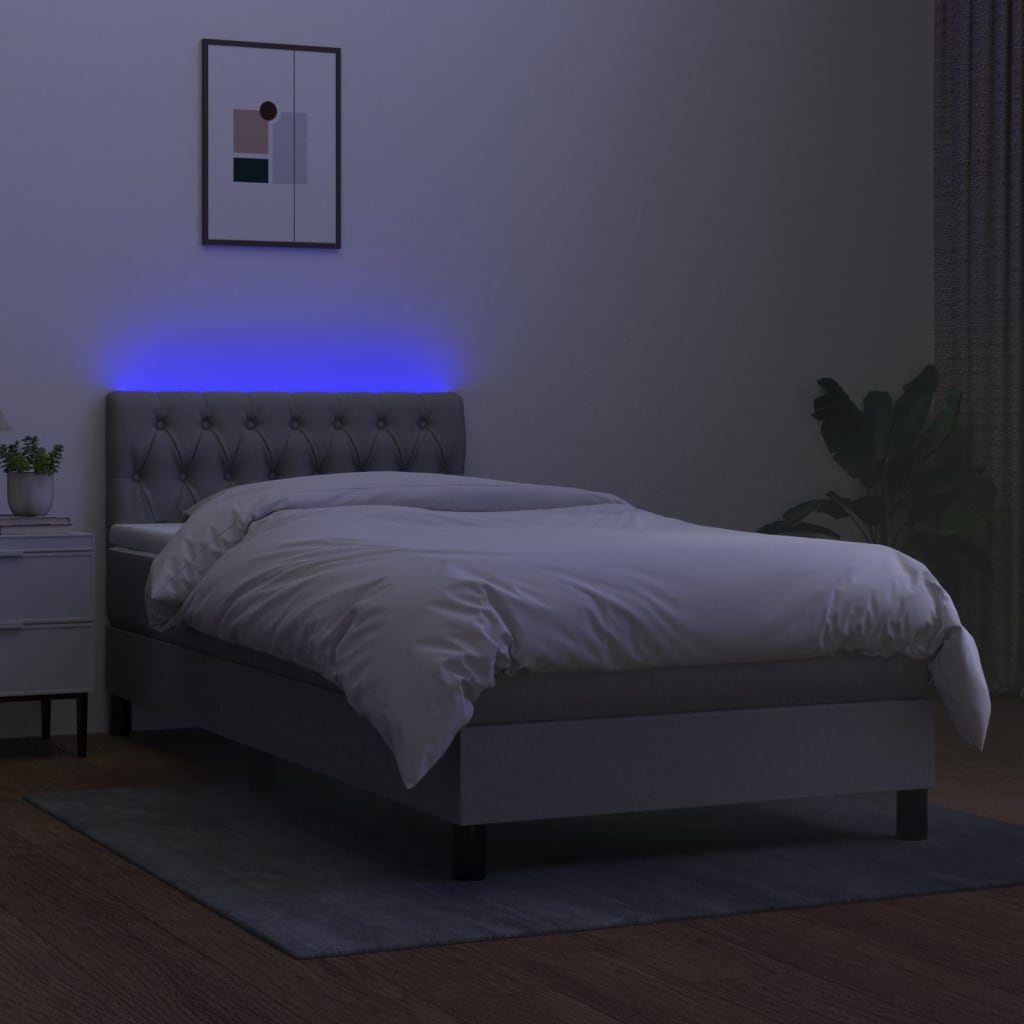 Krevet box spring s madracem LED svjetlosivi 90x200 cm tkanina