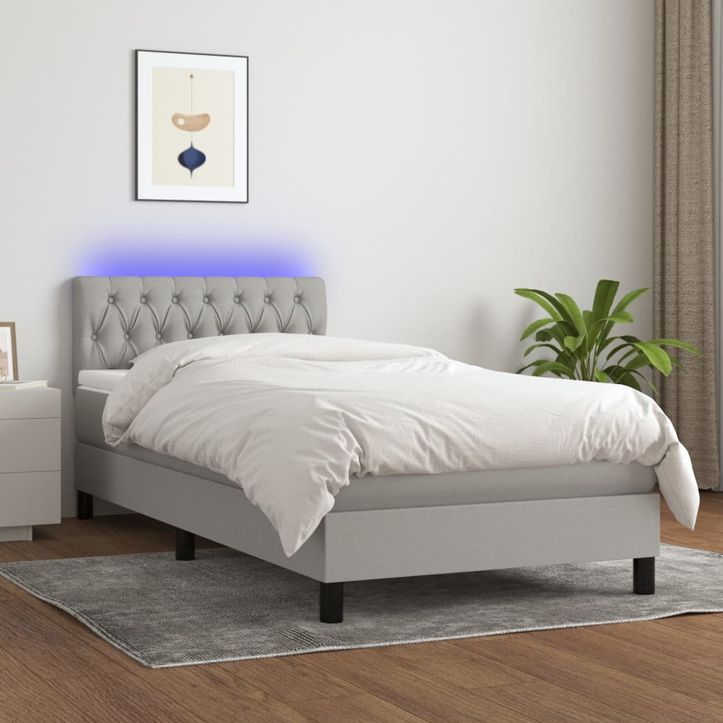 Krevet box spring s madracem LED svjetlosivi 90x200 cm tkanina