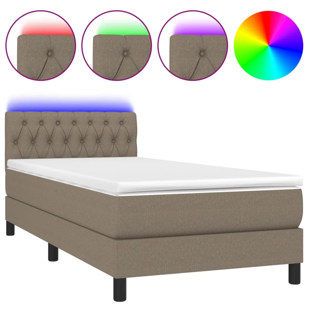 Krevet box spring s madracem LED smeđesivi 90x200 cm tkanina