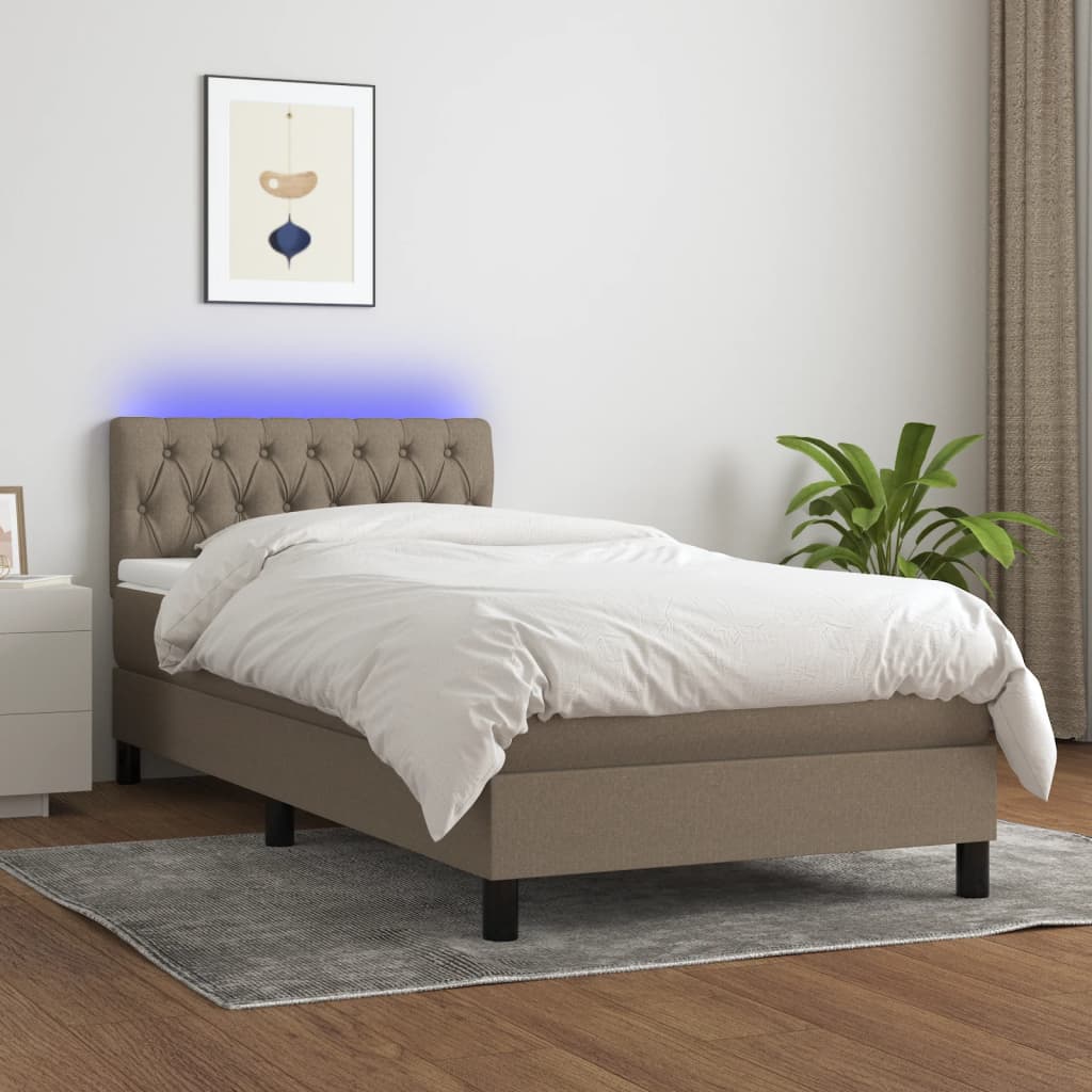Krevet box spring s madracem LED smeđesivi 100x200 cm tkanina