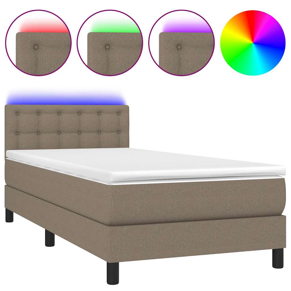 Krevet box spring s madracem LED smeđesivi 90x190 cm tkanina