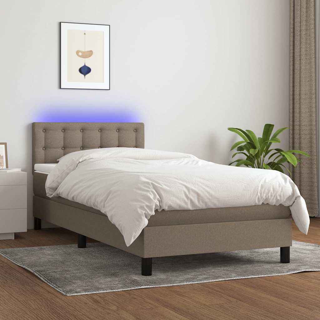 Krevet box spring s madracem LED smeđesivi 100x200 cm tkanina