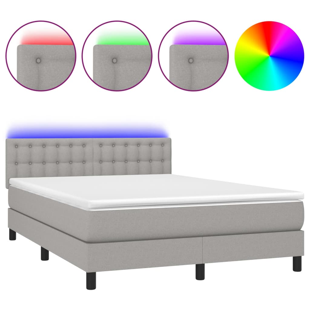 Krevet box spring s madracem LED svjetlosivi 140x200 cm tkanina