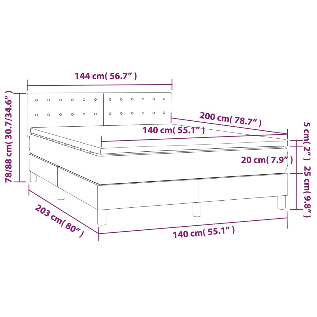 Krevet box spring s madracem LED svjetlosivi 140x200 cm tkanina