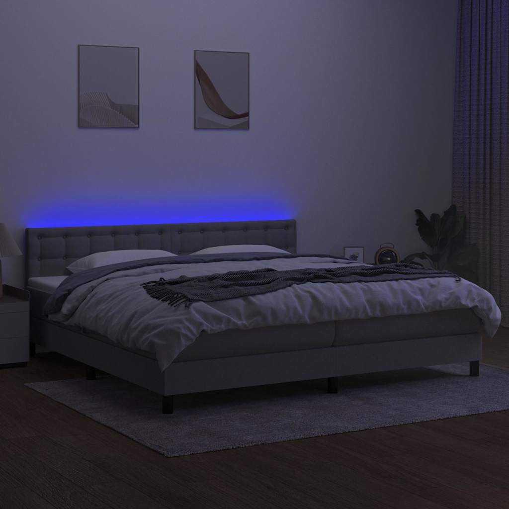 Krevet box spring s madracem LED svjetlosivi 200x200 cm tkanina