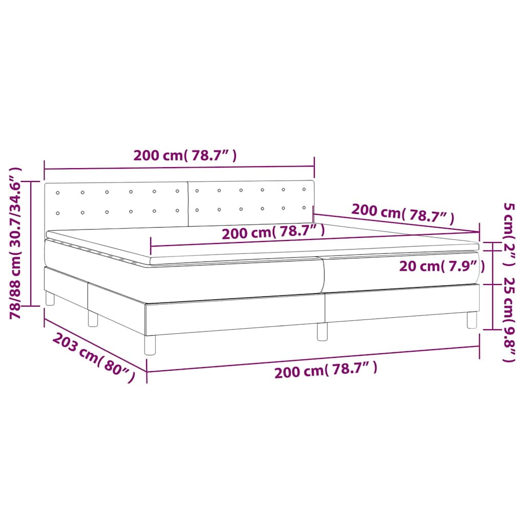 Krevet box spring s madracem LED svjetlosivi 200x200 cm tkanina