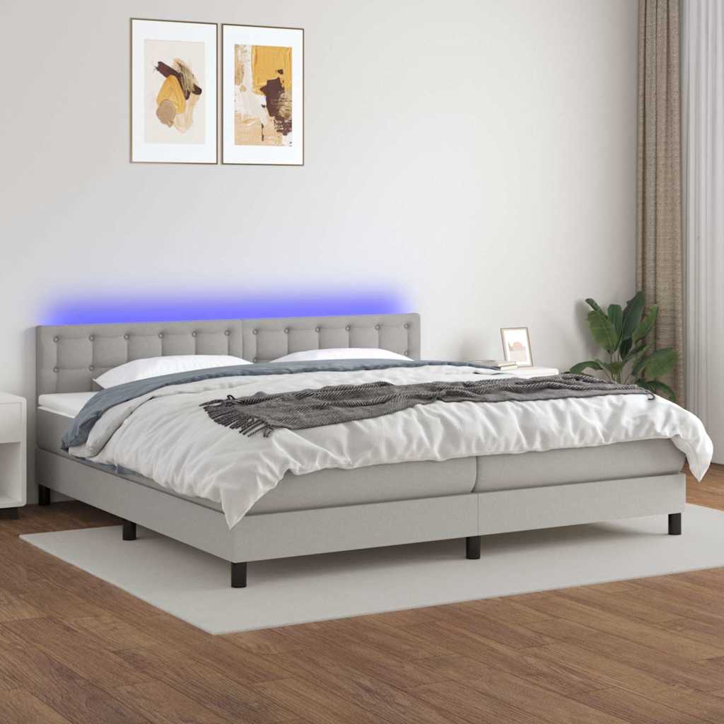 Krevet box spring s madracem LED svjetlosivi 200x200 cm tkanina