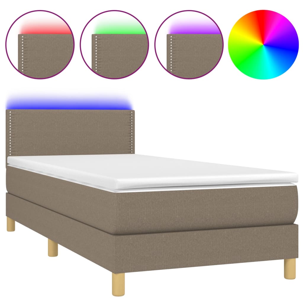 Krevet box spring s madracem LED smeđesivi 90x190 cm tkanina