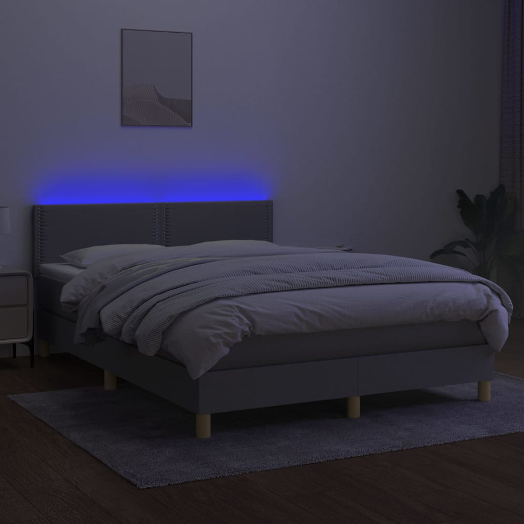 Krevet box spring s madracem LED svjetlosivi 140x200 cm tkanina