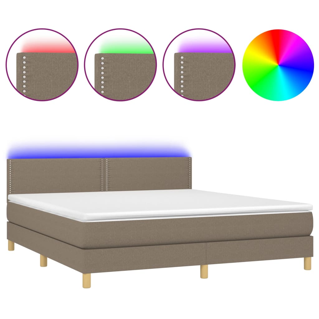 Krevet box spring s madracem LED smeđesivi 180x200 cm tkanina