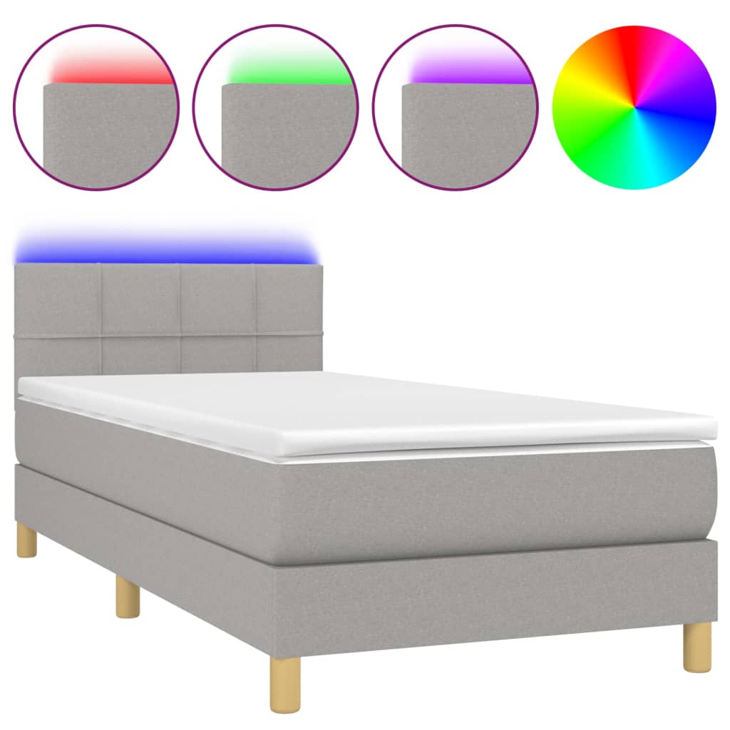 Krevet box spring s madracem LED svjetlosivi 90x200 cm tkanina