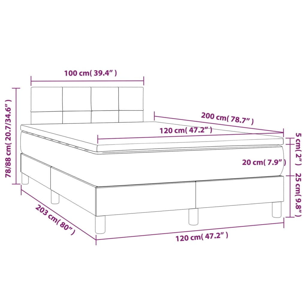 Krevet box spring s madracem LED svjetlosivi 120x200 cm tkanina