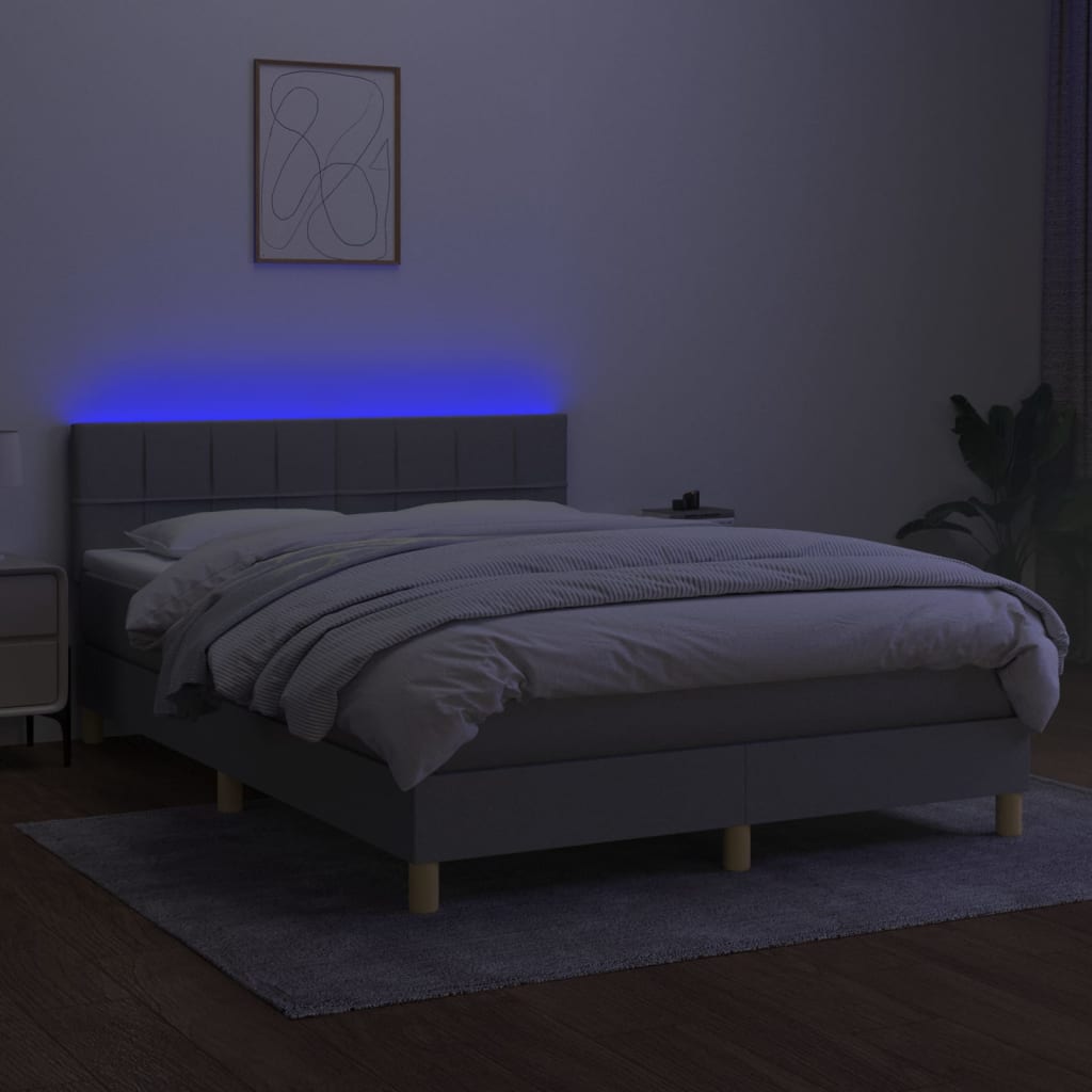 Krevet box spring s madracem LED svjetlosivi 140x190 cm tkanina