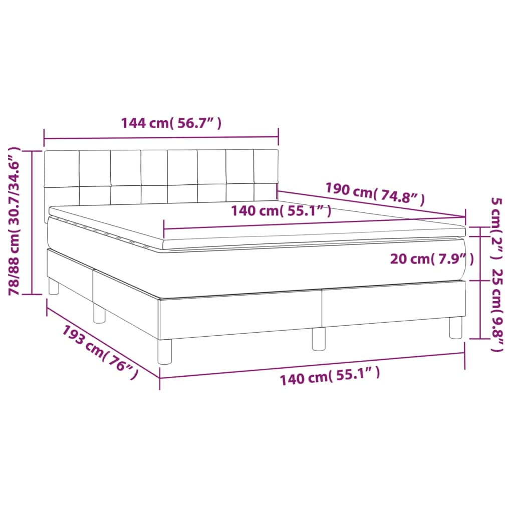 Krevet box spring s madracem LED svjetlosivi 140x190 cm tkanina