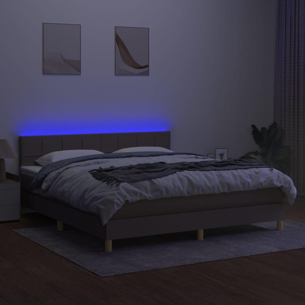 Krevet box spring s madracem LED smeđesivi 160x200 cm tkanina