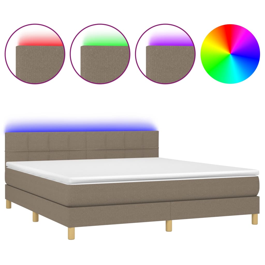 Krevet box spring s madracem LED smeđesivi 180x200 cm tkanina